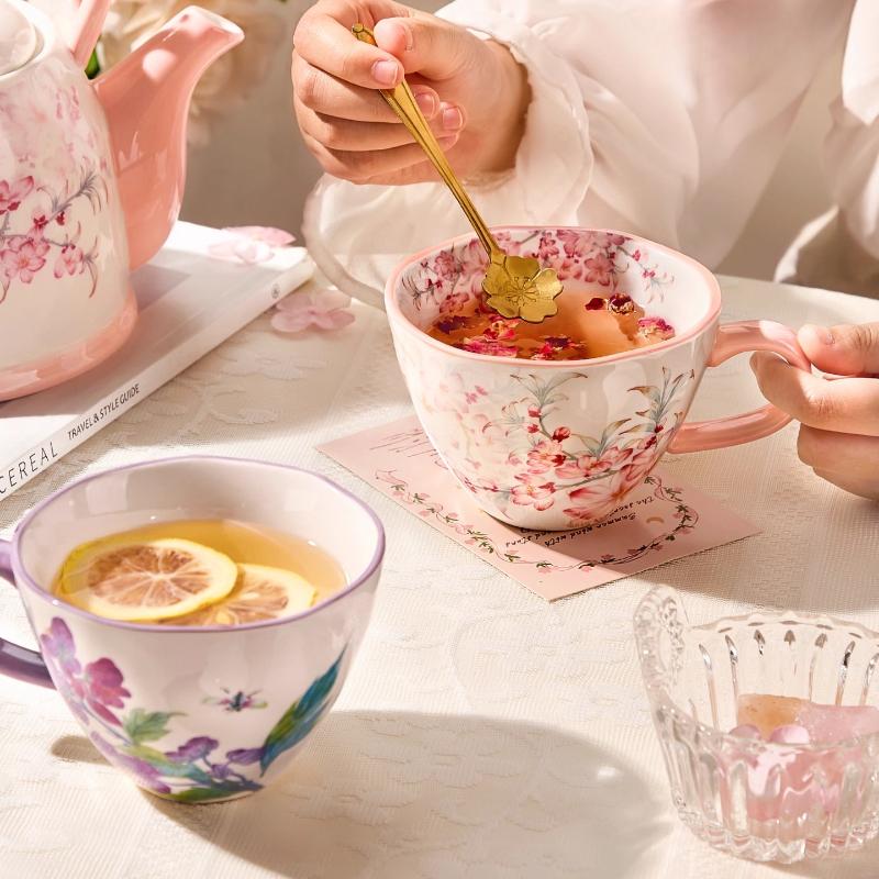 Ceramic Coffee Mug, Premium 350ml Bone China Coffee Tea Hug Mug, Floral Designed Teacup, Breakfast Cup