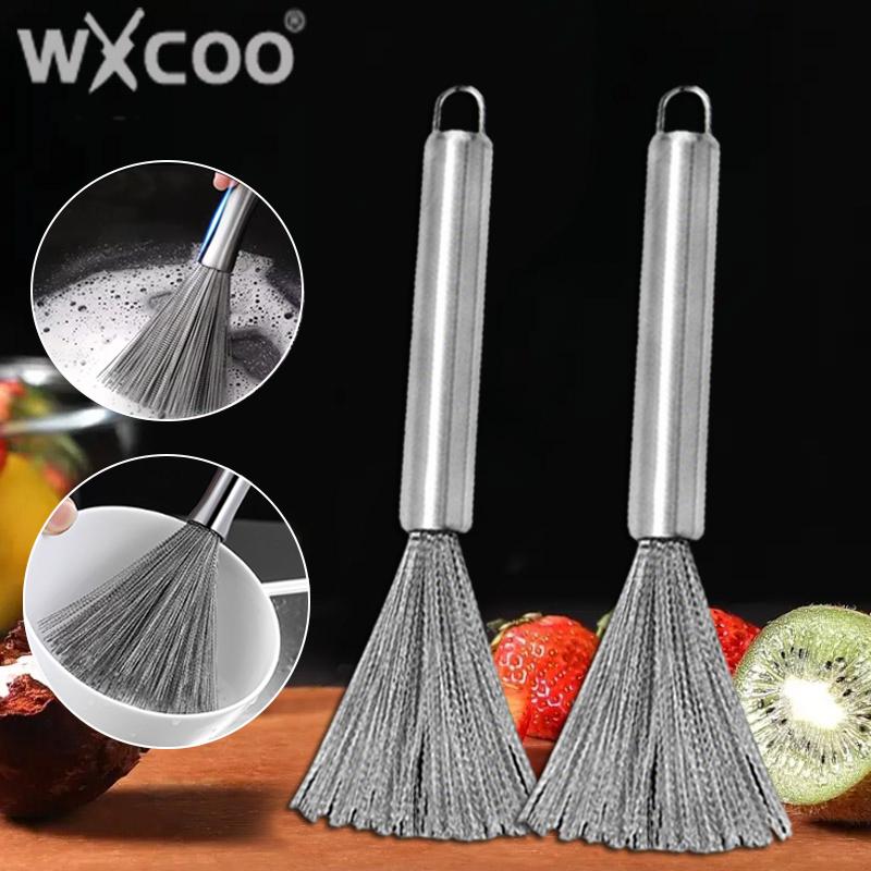 Kitchen Stainless Steel Pot Brush Long-Handled Dishwashing Brush for Kitchen Sink Pans Cleaning Brush Hanging Scrubber Gadget