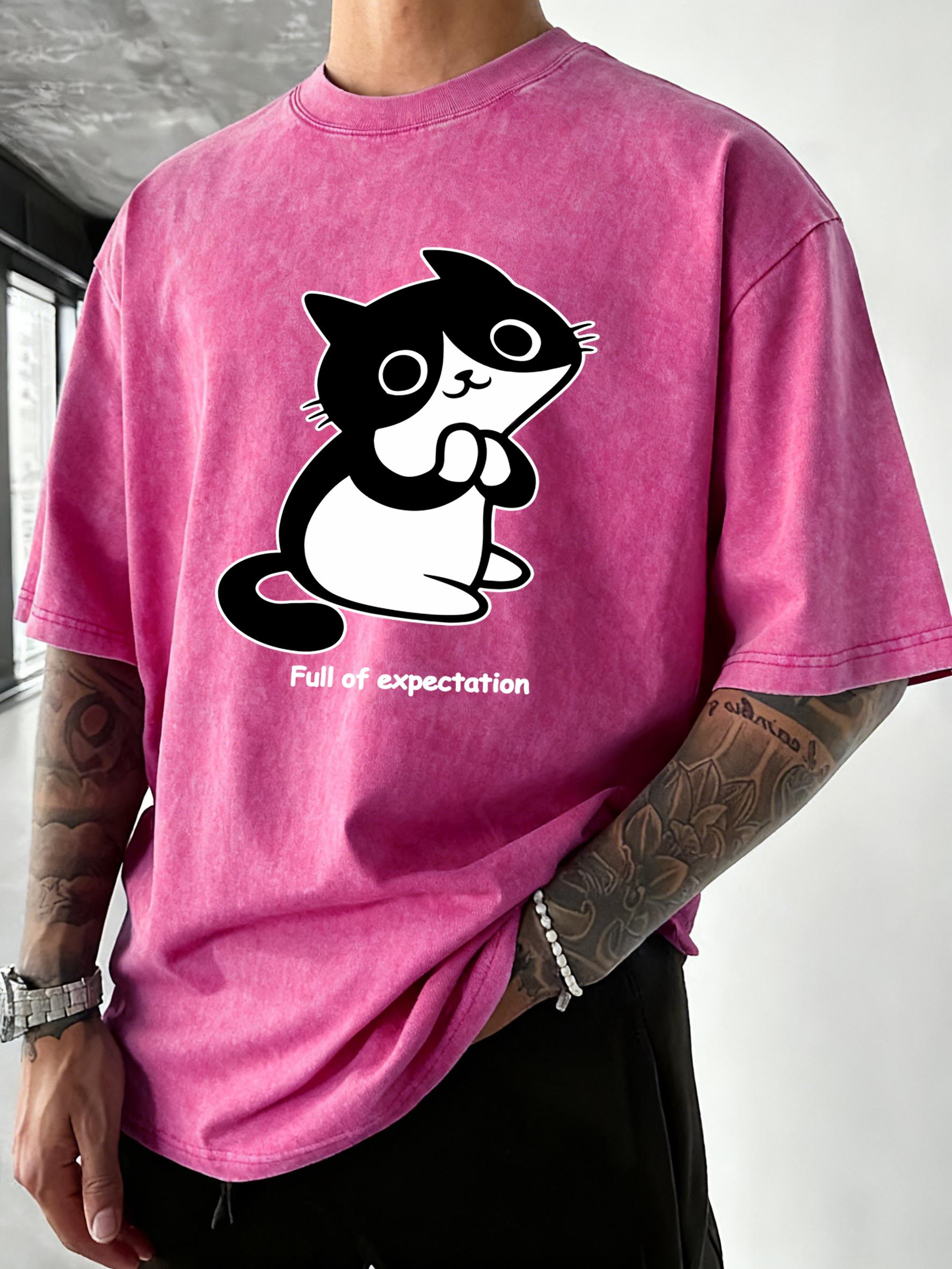 

Full Of Expection Cats Prints Men Washed TShirt Vacation Casual T Shirts Cotton Summer Clothes Hip Hop Loose Streetwear S
