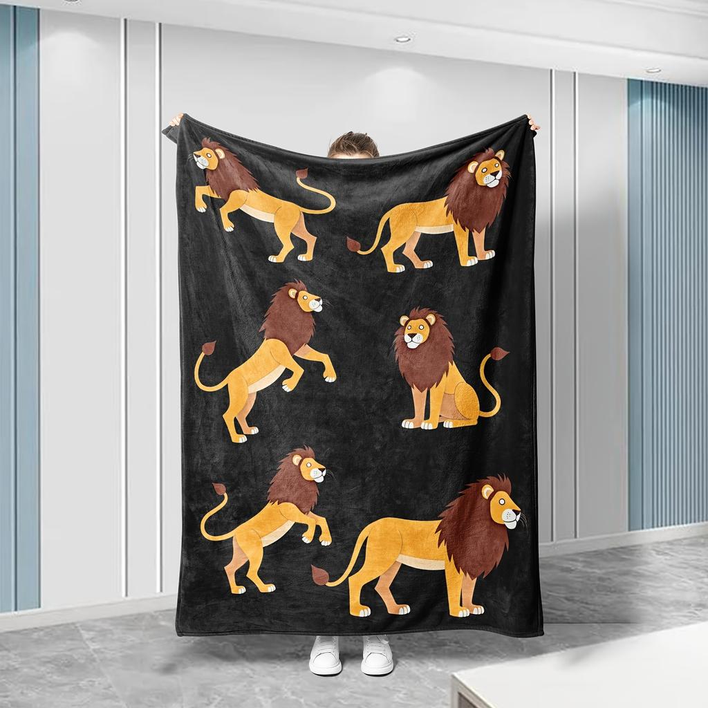 Eine bequeme Flanelldecke mit Cartoon-Löwen-Muster, weicher hochauflösender Digitaldruck, für alle Jahreszeiten geeignet, hergestellt