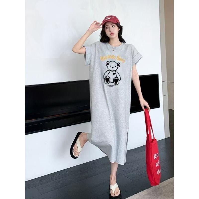 Fun Cartoon Short-sleeved T-shirt Dress for Women, Slimming Long Dress, Knee-length Dress