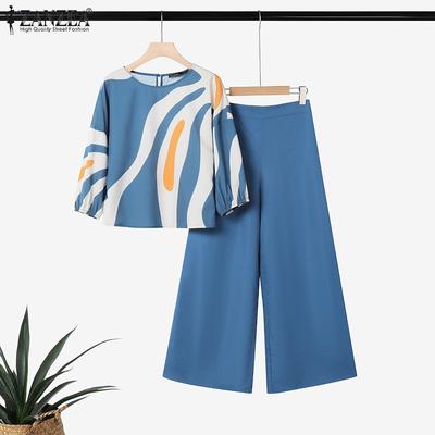 Women 3/4 Sleeve Print Blouse and Pants Casual Two Piece Suit Sets