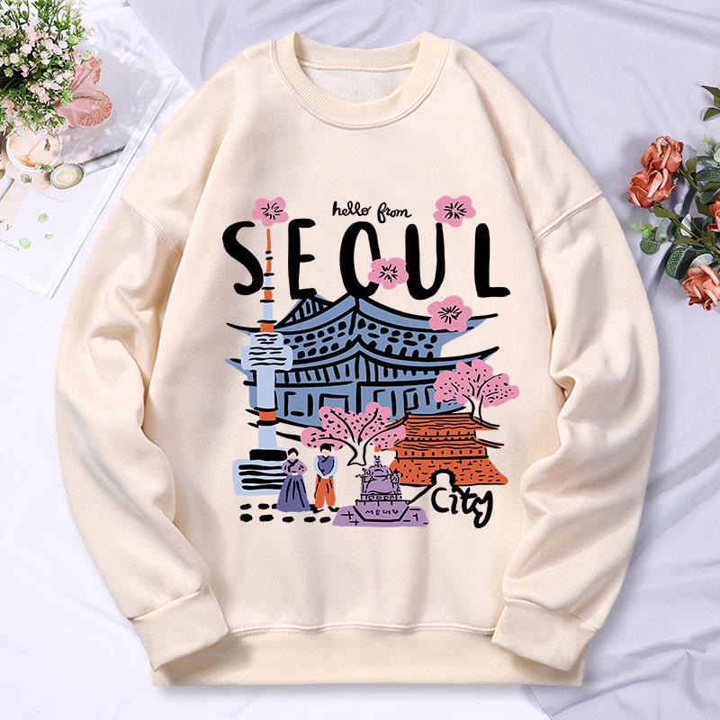 Seoul Beautiful Scenery Printing Womens Hooded Autumn Casual Warm Hoodies Fashion Soft Hoodie Street Versatile Female Pullover