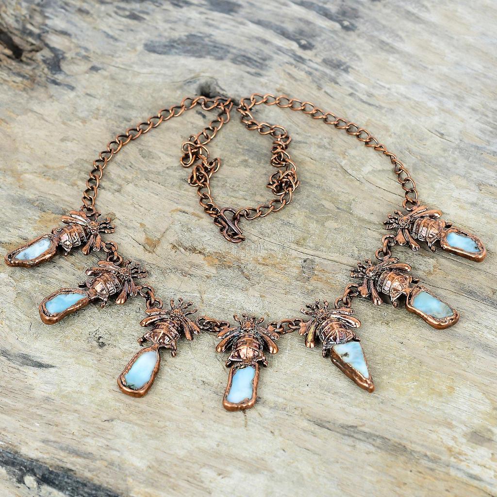 Larimar Rough Necklace Electroformed Copper Necklace Adjustable Chain Necklace Honey Bee Gemstone Jewelry Handmade Necklace Gifts for Mother