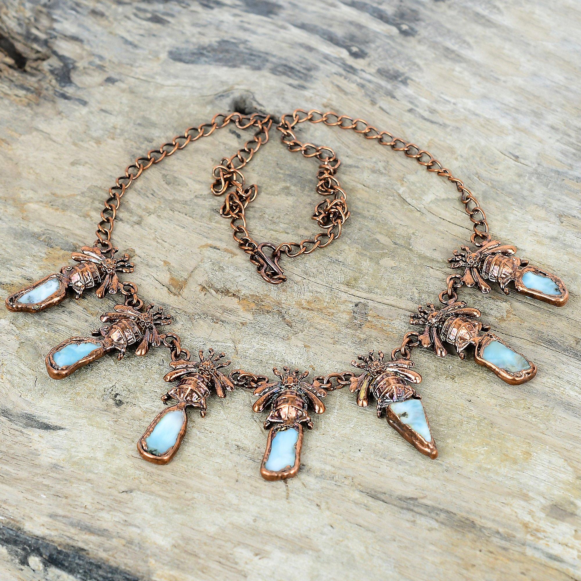 

Ожерелье из необработанного ларимара, ожерелье из электроформированной меди, ожерелье с регулируемой цепочкой, ювелирные изделия с драгоценными камнями в виде медоносной пчелы, ожерелье ручной работы, подарки для матери Adjustable