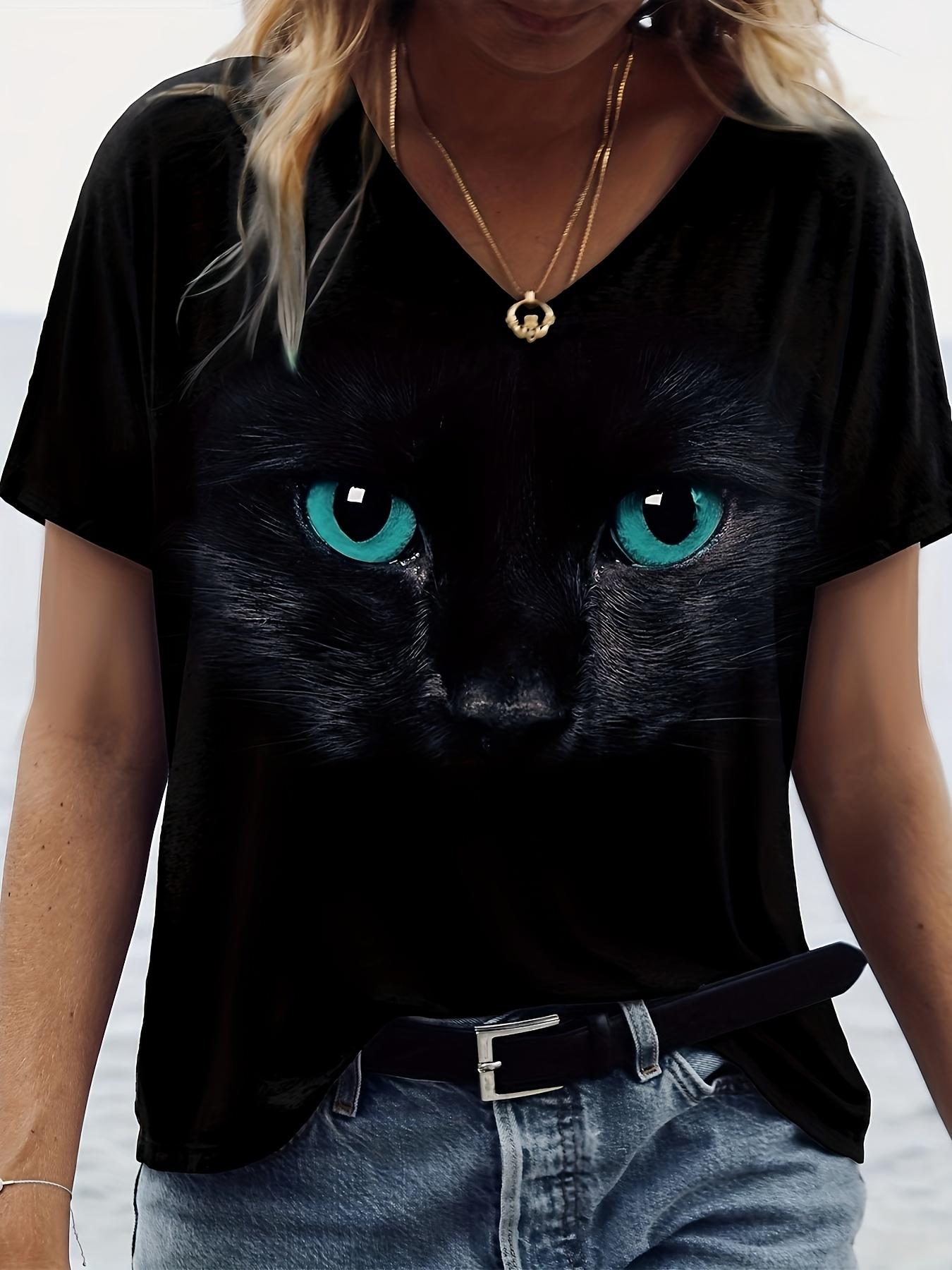 

Cat Print V Neck T-shirt. Casual Short Sleeve Top For Spri S дубильная кора