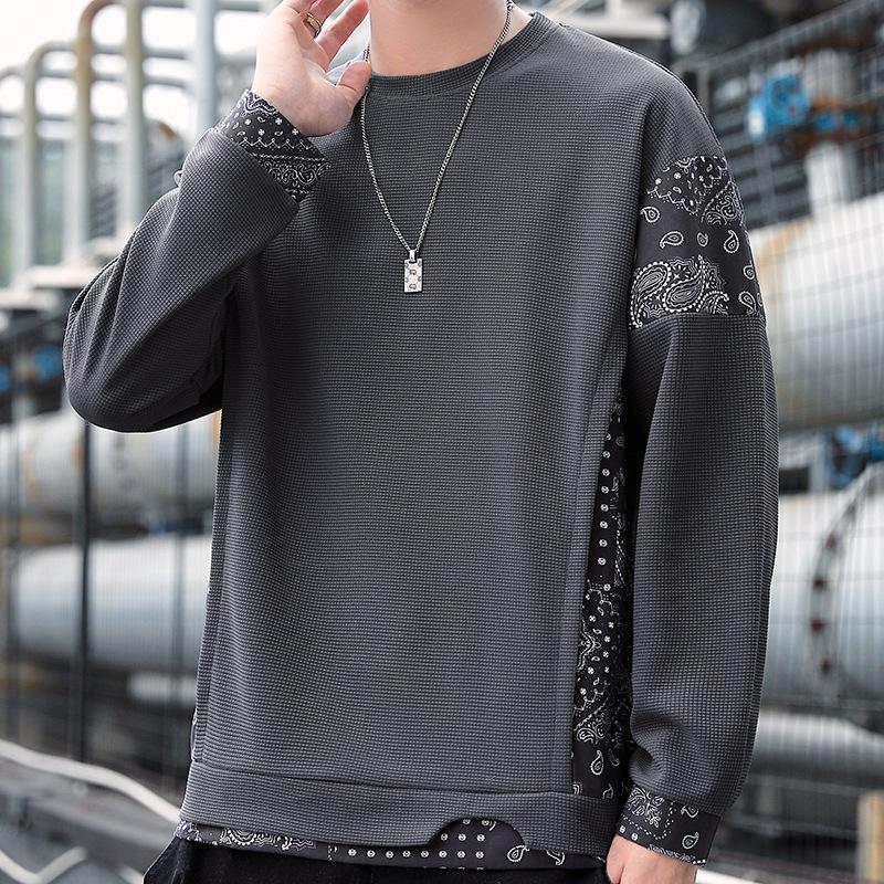 Waffle Fake Two-piece Men's Sweater Crew Neck Spring and Autumn Trendy Brand Cashew Flower Long Sleeve Design Sense Niche Clothes