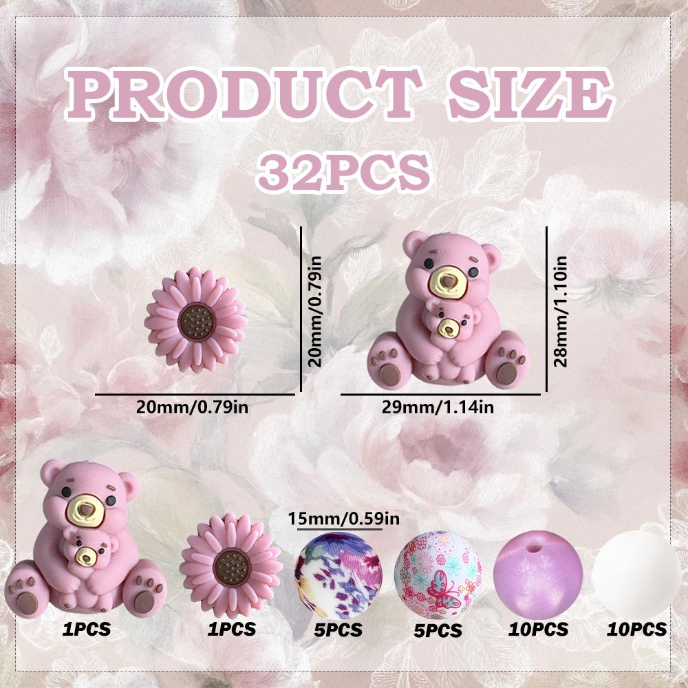 25/32/44PCS parent-child bear silicone bead set, perfect for DIY handmade crafts such as keychains, necklaces, bracelets, etc