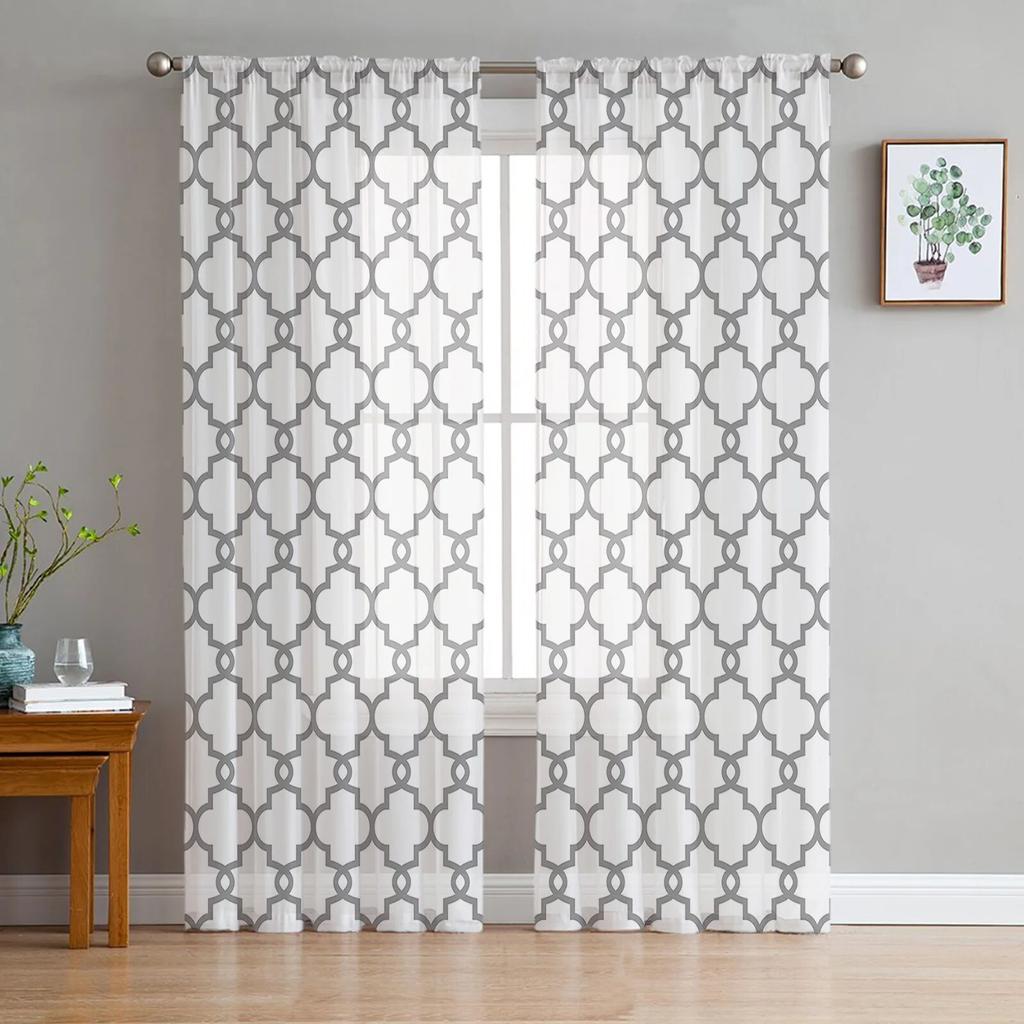 White Geometric Morocco Sheer Curtains Modern Voile Tulle Window Drapes for Living Room Bedroom Decor