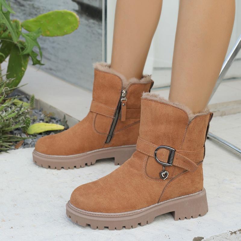 Cow Suede Plus Wool Warm Cotton Boots Winter New Round Toe Sleeve Metal Buckle Side Zipper Platform Shorthole Boots