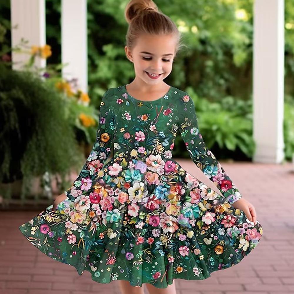 

Повседневное платье с 3D красивыми цветущими цветами для девочек, детское платье принцессы с круглым вырезом и длинными рукавами 150 зелёный