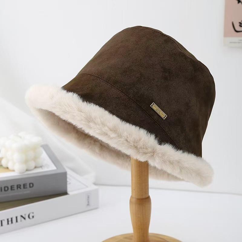 New autumn and winter versatile leather plush burrs bucket hat women's front long rear short ear hat