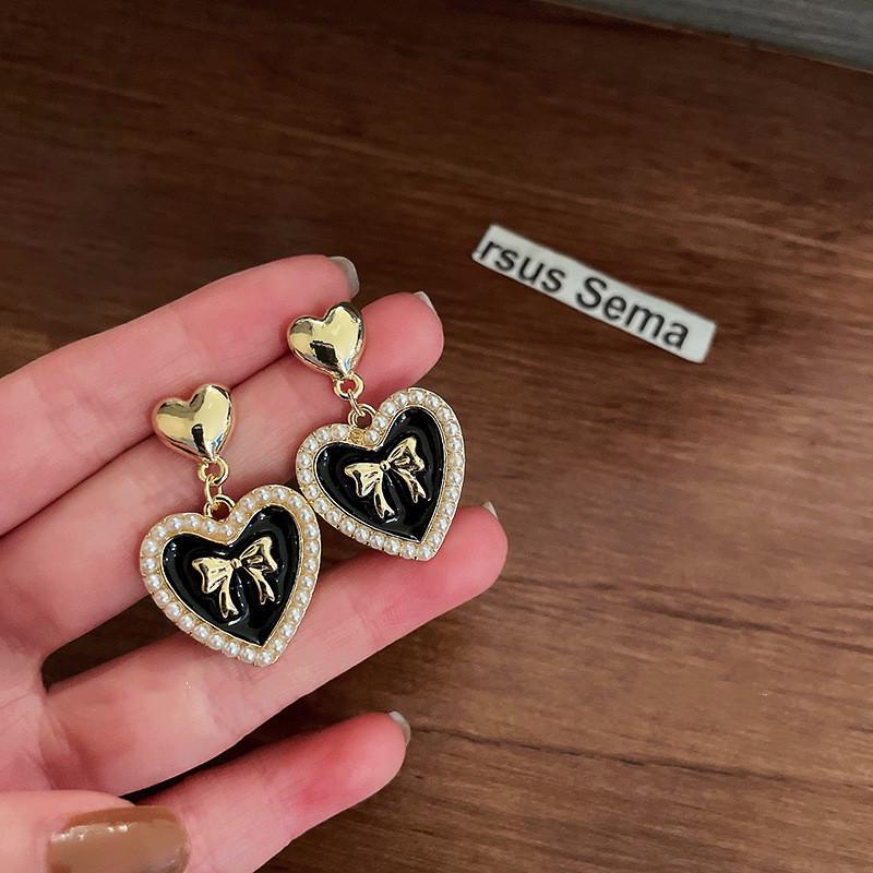 S925 Silver Needle Bow & Heart Pendant Stud Earrings - Trendy Design for Women Electroplated