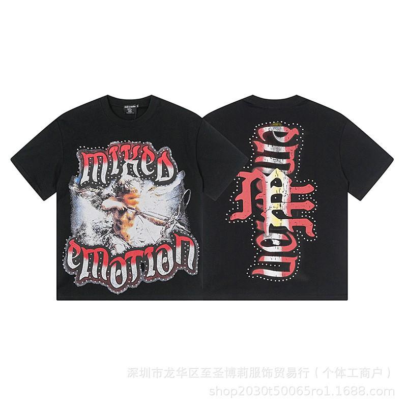 Unisex Vintage American Style Loose Fit Cotton Tee With Embellished Letter Print Round Neck Short Sleeve