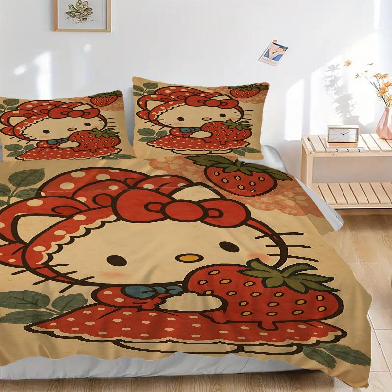 

3pcs Strawberry Hello Kitty Duvet Cover Set - Soft & Breathable Bedding, Includes 1 Duvet Cover and 1/2 Pillowcases (No Insert) yy251107174 135x200cm