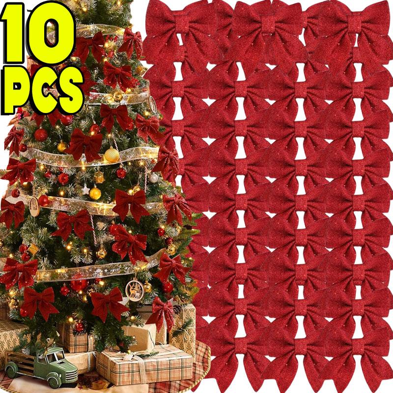 10pcs 14cm Christmas Sparkling Bows Decoration Xmas Tree Pendant Ornaments for Home Christmas New Year Party DIY Bow Decorations