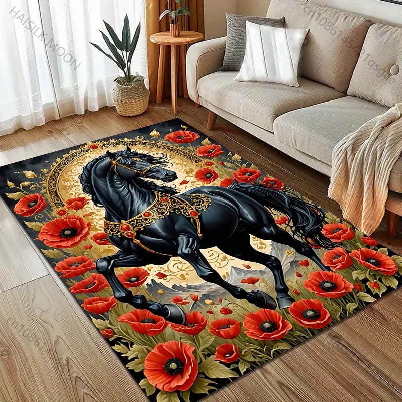 1 Stück Teppich mit Blumen- und Schwarzes-Pferd-Druck für Schlafzimmer, Wohnzimmer, Bettseite, Sofa, Bodenmatte, Moderne Heimdekoration, Bereichsteppich