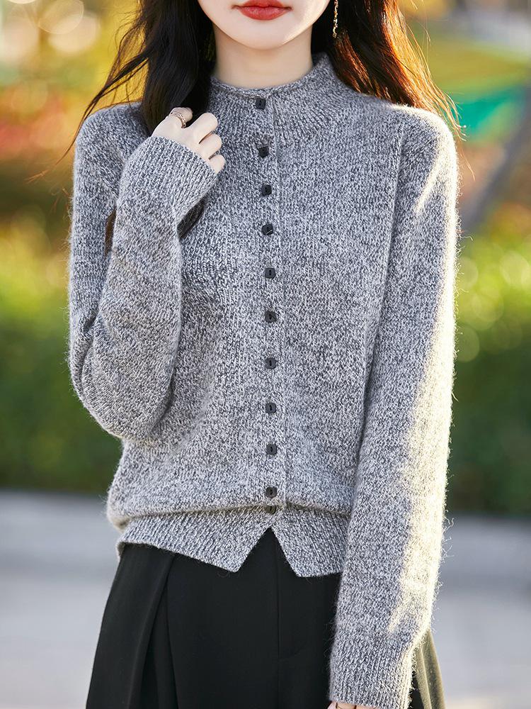 Heathered Wool Long Sleeve Rolled Edge Cardigan Sweater with Semi-High Neck 