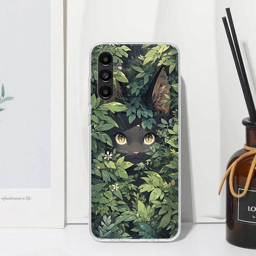 Anime Cute Black Cat Meow Phone Case For Samsung Galaxy A17 A37 A57 A16 A26 A36 A56 A15 A25 A35 A55 A14 A24 A34 A54 A13 A23 A33