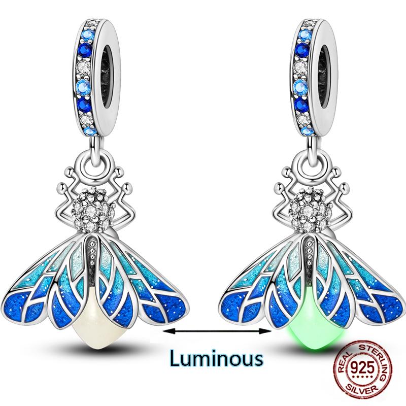 Charms Beads 925 Sterling Copper Pink Butterfly Luminous Firefly Chameleon Heart Charm Fit Original Bracelet DIY Holiday Zircon