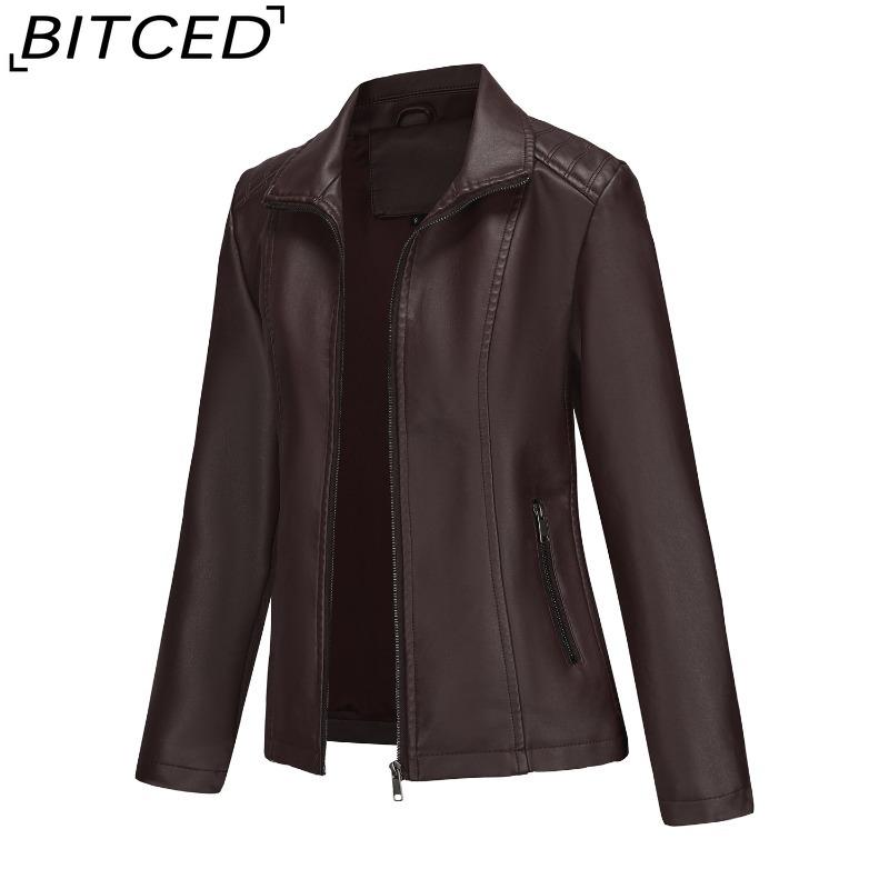 BITCED Fashion Women's Leather Jacket, Short Leather Jacket, Knitted Patchwork Stretch Coat