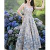 Women's French Blue Floral Strappy Maxi Dress & Waist-Cinched Skirt Cardigan Set - New Arrival for Spring/Summer 2026.