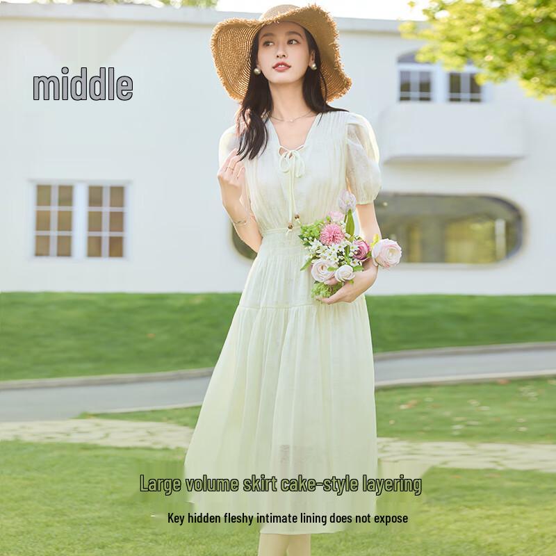 

VICTORIA&VERA French V-Neck Tie-Waist Puff Sleeve Printed Tencel Midi Dress XL