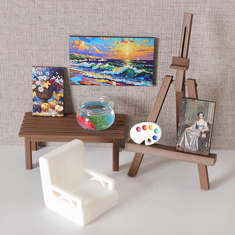 Mini Dollhouse Easel and Table Set - DIY Painting Board and Chair Accessories for Fish Tank or Scene Decor