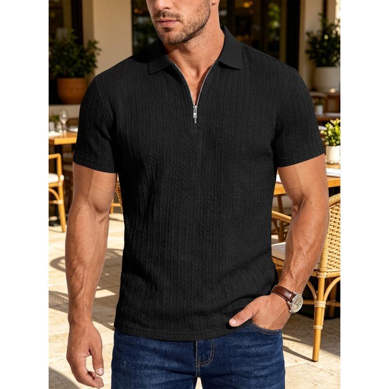 Summer Men's Textured Jacquard Half Zipper Lapel Polo Shirt Breathable Loose American Casual Short Sleeves