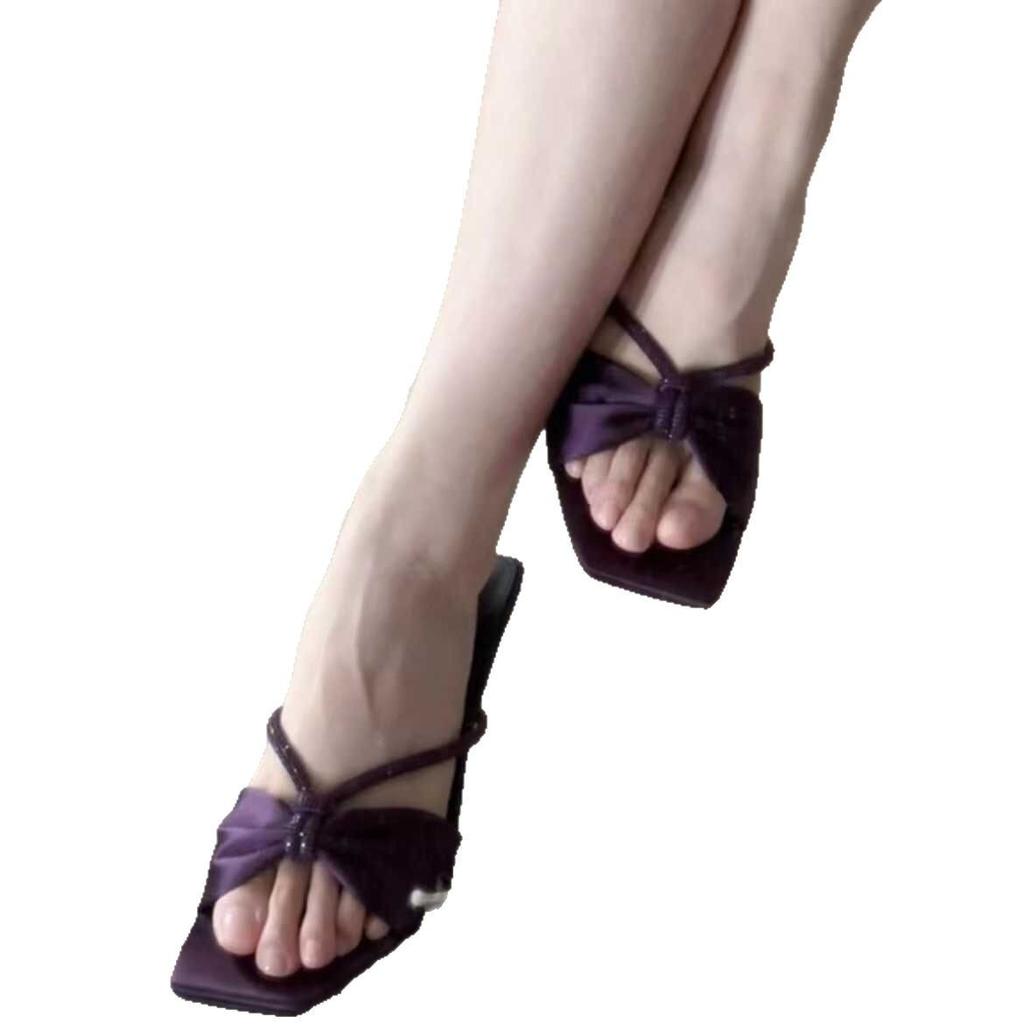In the Summer of 2025, the New Square-headed Purple Rhinestones with Sandals for Women Wear High-heeled Sandals and Half Slippers.
