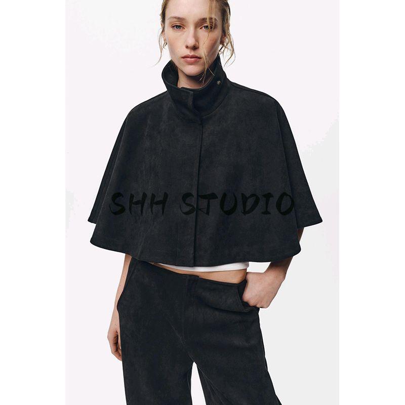 Spring New Women's Clothing French Style Circular Lower Hem Suede Texture Effect High Collar Cape Coat 4344151