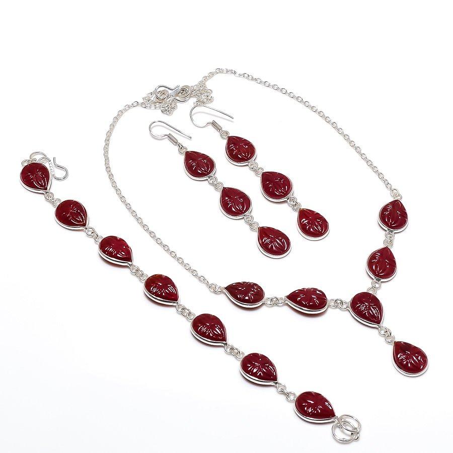 Set de Bijoux en Cornaline Rouge Fait Main en Argent Sterling 925 a2F35