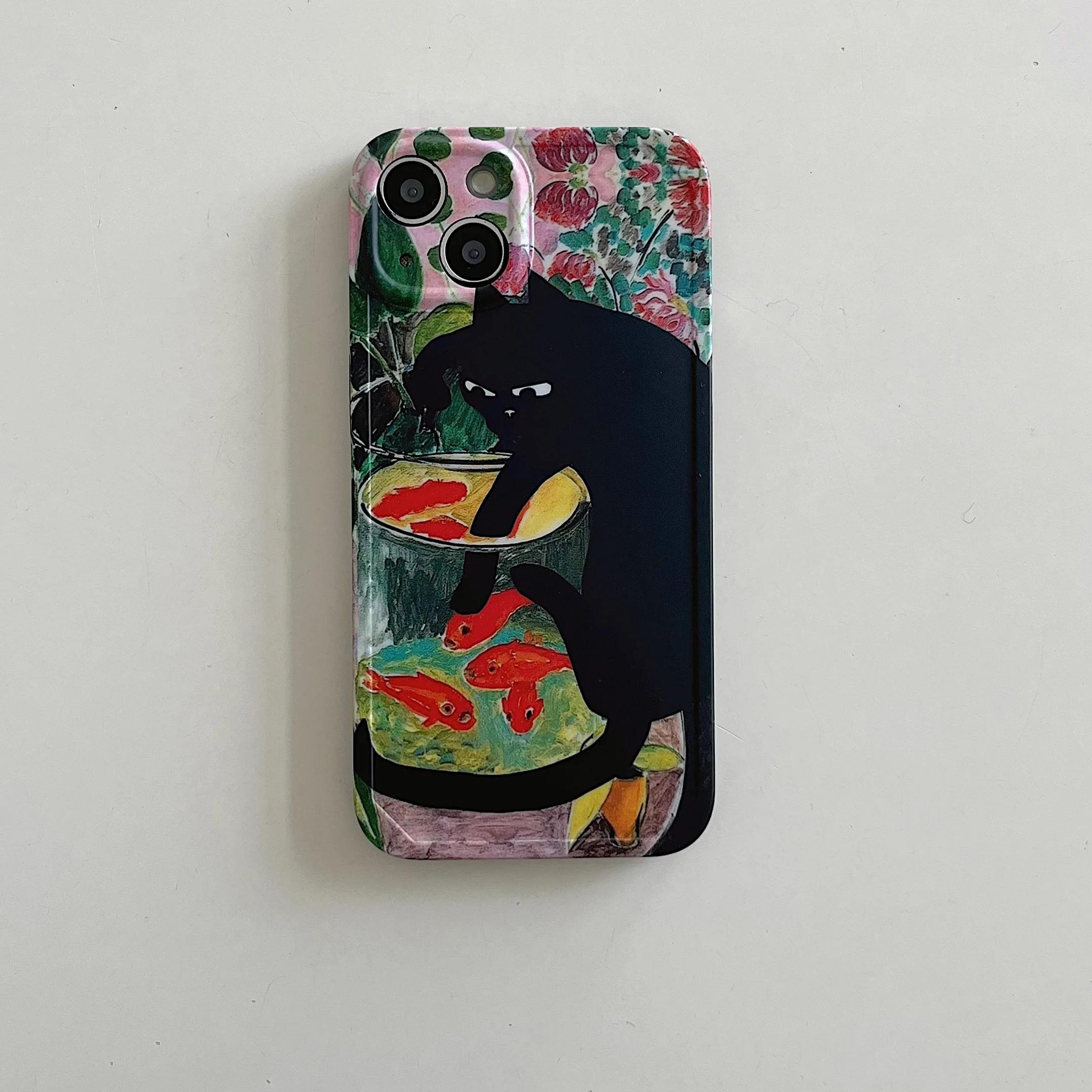 

Retro Oil Painting Black Cat Phone Case For iPhone 17 16 15 14 13 12 11 Pro Max Mini SE 7 Plus Shockproof Silicone Cover Fundas iPhone 13 ProMax