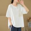 DIMANAF 2025 Sommer Solide Plus Größe Spitze Taschen T-shirt Frauen Kurzarm Lange Tasten Lose Tops Tees