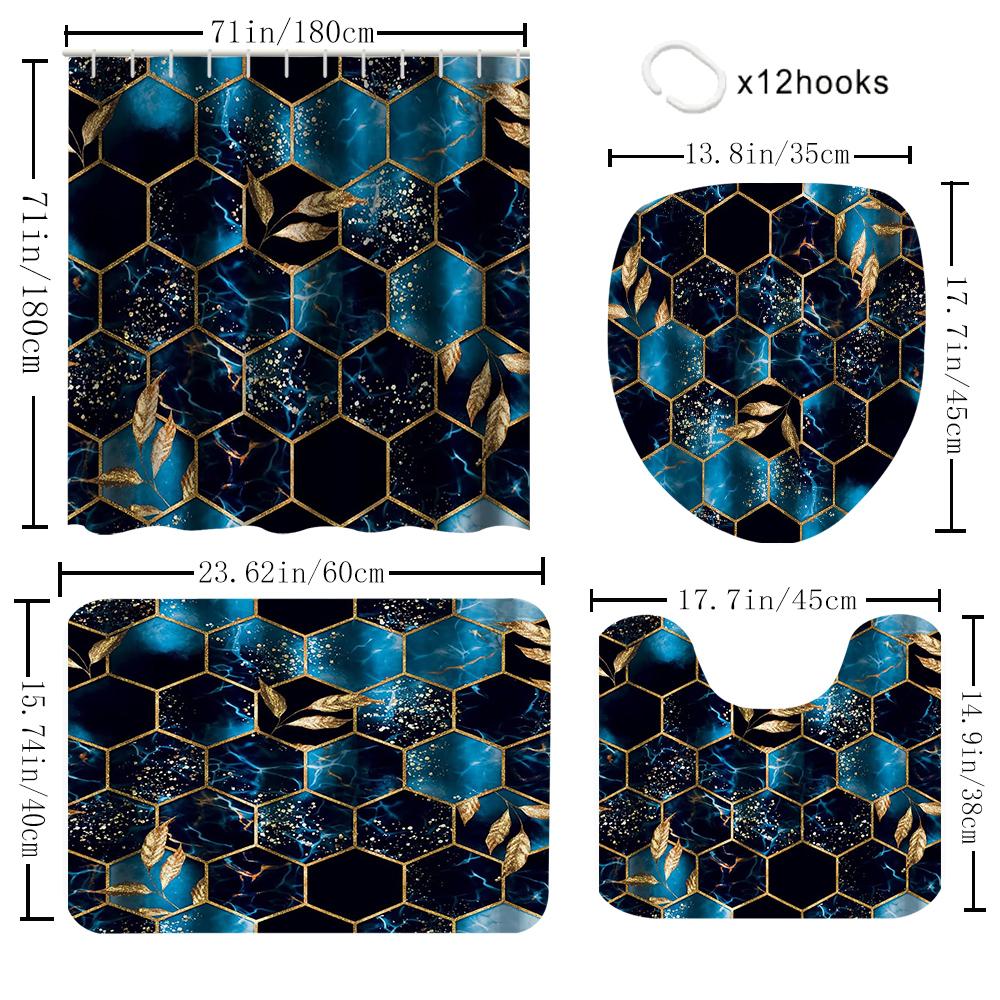 1/4 Geometriskt rutnät duschdraperier, Toalettsitsdekoration, Duschdraperi med matta och toalettlock, 12 70.8x70.8 tum krokar