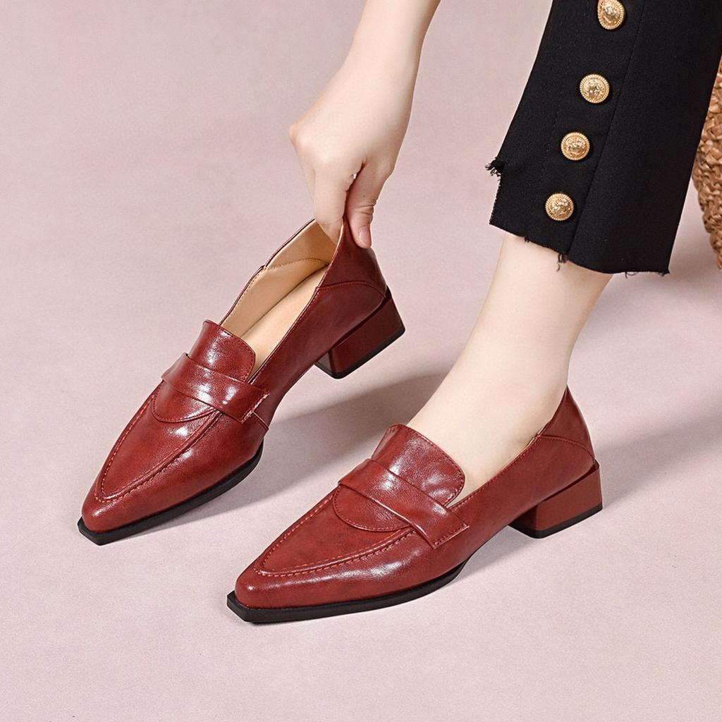 Pointed women's spring new shallow mouth one-pedal small leather shoes thick heel low heel flat shoes