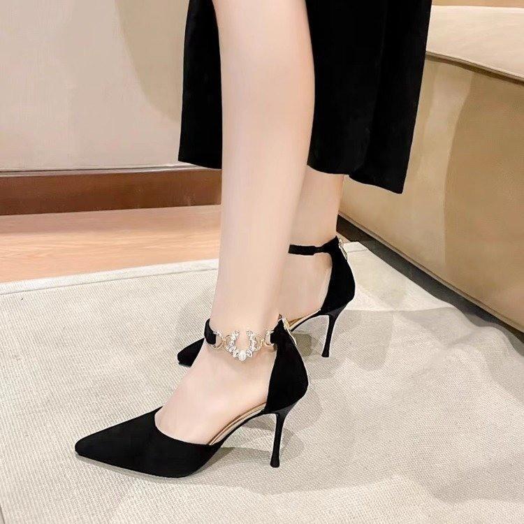Black high heels new pointed suede single shoes one-button rhinestone sandals sexy temperament women's shoes