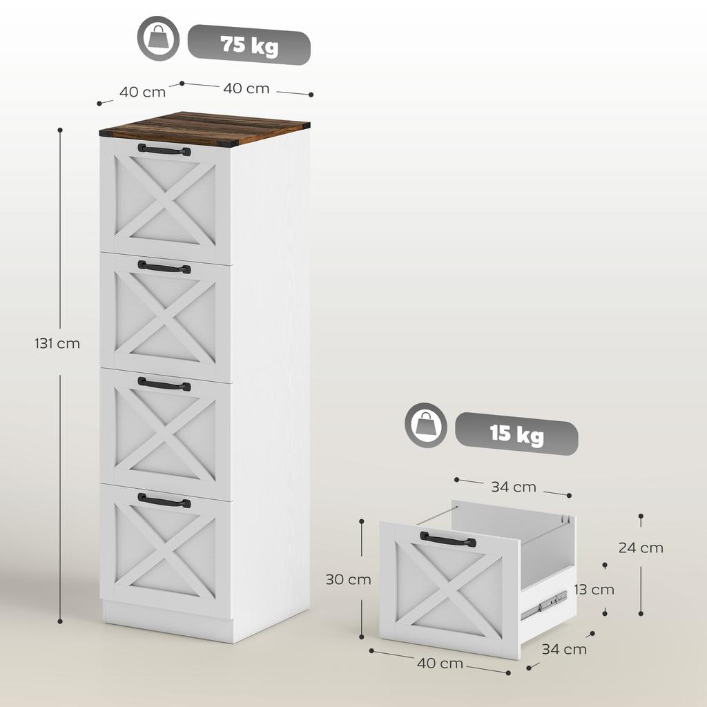 Office Filing Cabinet, 4 Drawers, Hanging File Holders for A4, Rustic, 40 x 40 x 131 cm, White