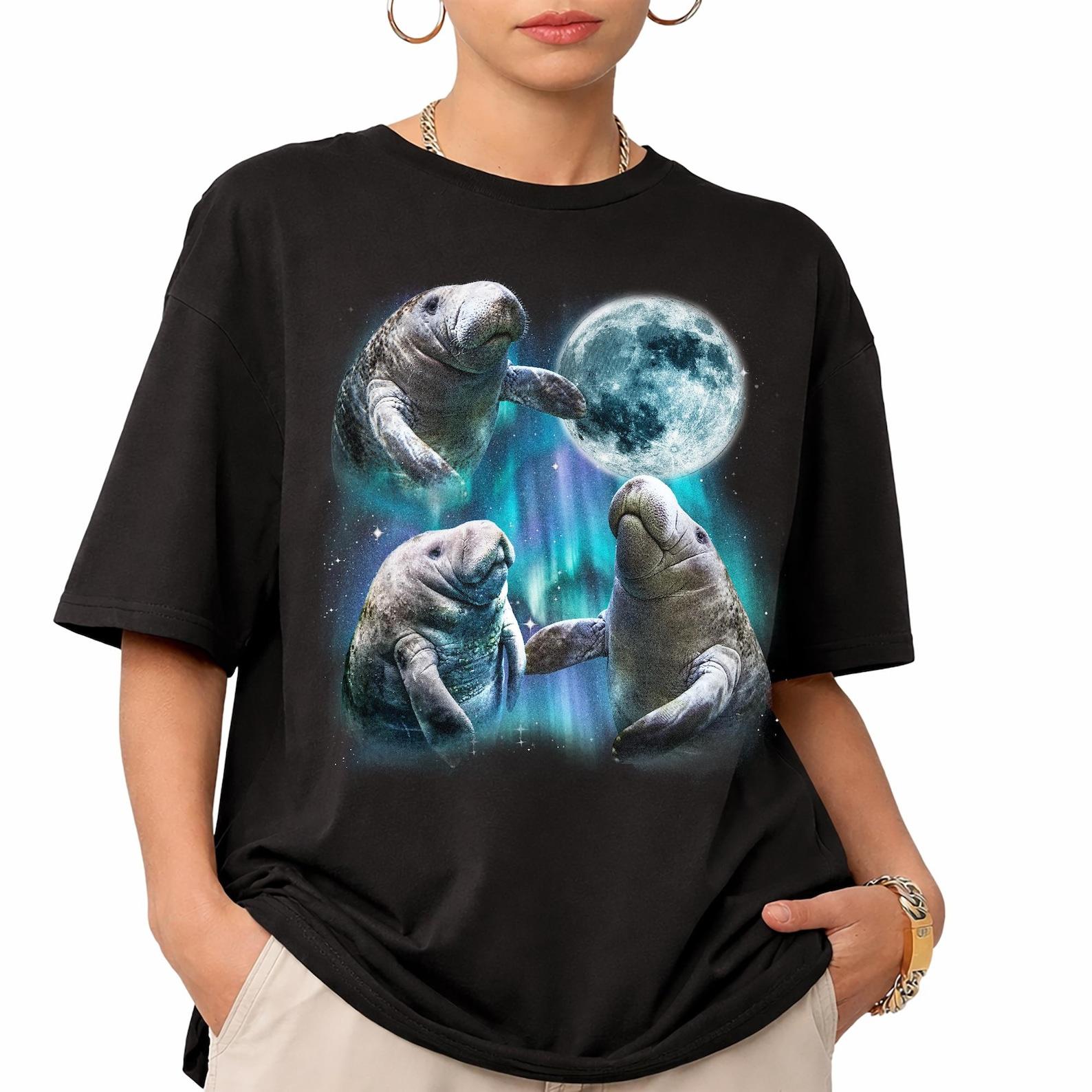 Manatee Moon T-Shirt, Three Sea Cows, Retro Marine Life Tee 4XL