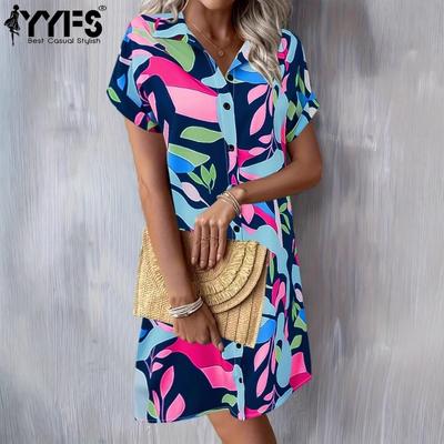 Moda Donna Estate Primavera Stampa Color Block Manica Corta Collo POLO Linea Vita Ampia Abiti Casual