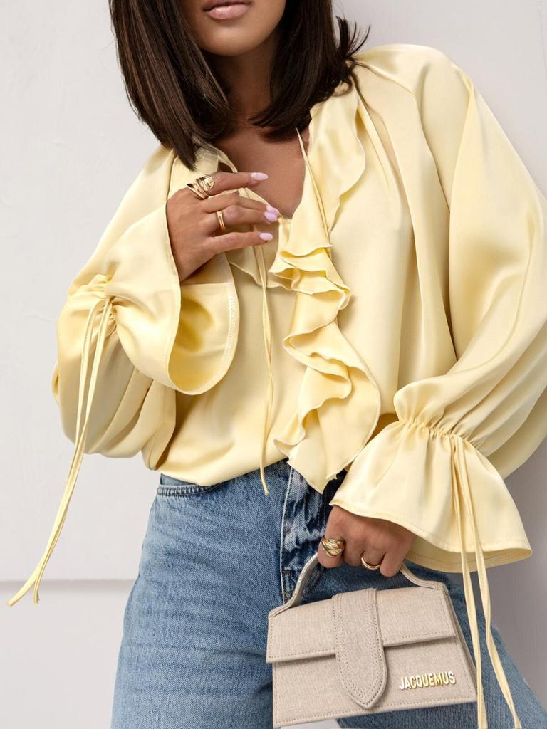 Spring/Summer Tie-Up Collar Ruffled Edge Blouse Loose Bell Sleeve Women's Shirt
