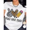 European Size Women'S Teacher Apparel T-Shirt - Peace Love Teach Graphic with Pencils & Hearts - White Apricot Educator