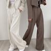 Women Pants High Waist Button Zipper Closure Casual Wide Leg Solid Color Trousers