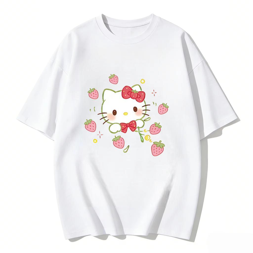 2026 New Summer HelloKitty Cute Graphic Tee Casual Short Sleeve Cotton Top for Women Girls Kawaii Cartoon Print Streetwear