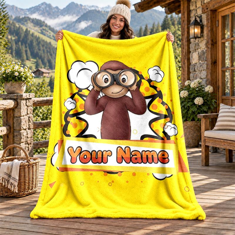 Curioso George Custom Name Flannel Blanket Personalized Soft Warm Plush Throw Blanket Customized Gift for Family Friends