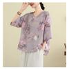 Women's Retro Chinese Style Lotus Print V Neck Blouse Casual Loose Fit Half Sleeve Side Tie Knot Linen Blend Top