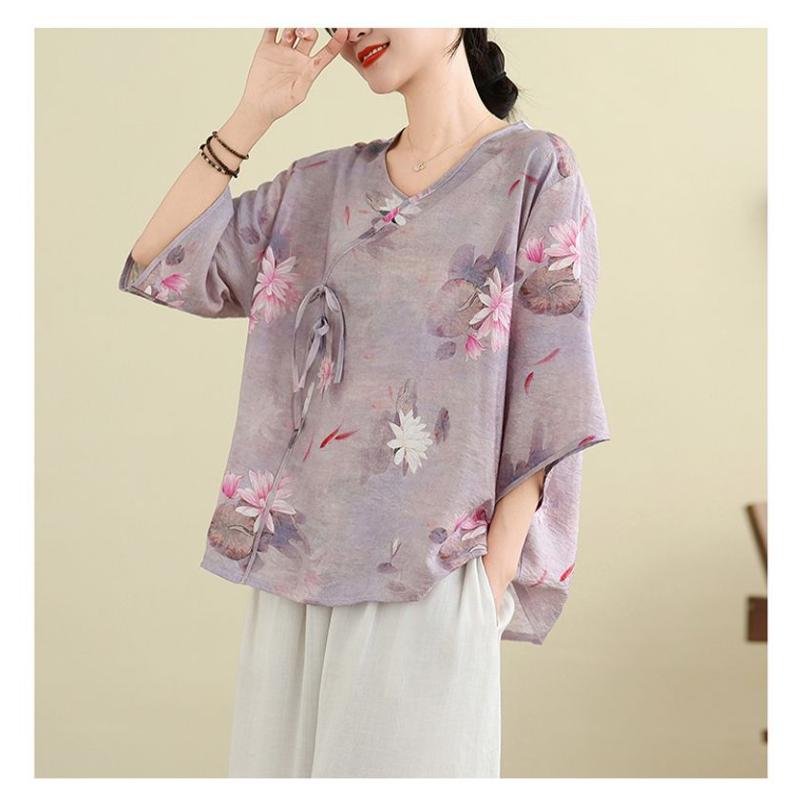 Women's Retro Chinese Style Lotus Print V Neck Blouse Casual Loose Fit Half Sleeve Side Tie Knot Linen Blend Top