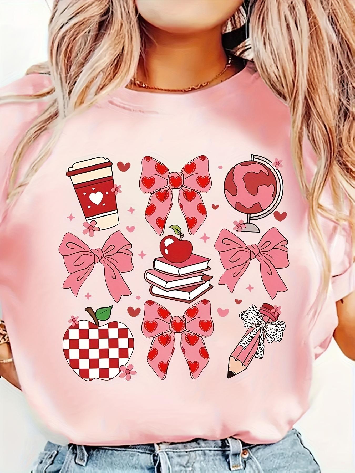 Coquette Teacher Bow Women s Tee - Pink Girly Graphic, Casual Back To School Top S