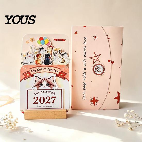 Daily Schedule Planner 2027 Flower Desk Calendar, English Tabletop Calendar with Wooden Base, Cute Stationery Gift Floral & Cat Decorative for Office