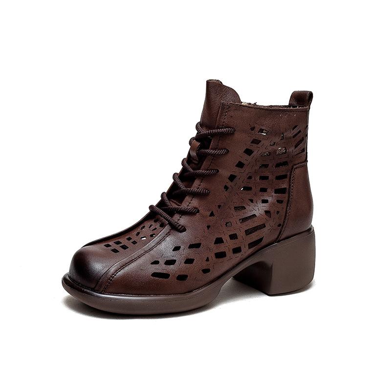 Johnature Stivali traspiranti scavati estivi Sandali con punta tonda retrò in vera pelle Scarpe con tacco medio da donna
